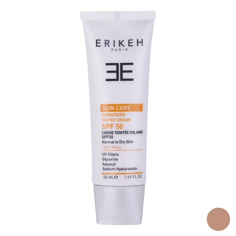 کرم ضد آفتاب رنگی صورت اریکه spf50 مدل Light Beige مناسب برای انواع پوست نرمال تا خشک حجم 50 میلی‌لیتر